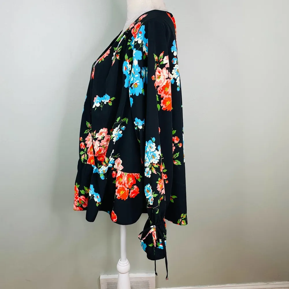 ASOS Blouse Top Size 18 Black Floral Bell Sleeves V-Neck Peplum - Image 7
