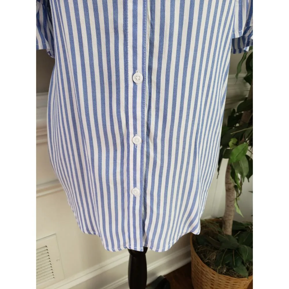 Beach Lunch Lounge Blouse Nisa Stripe Women's Medium Blue Ruffle Sleeve Collared - Image 4