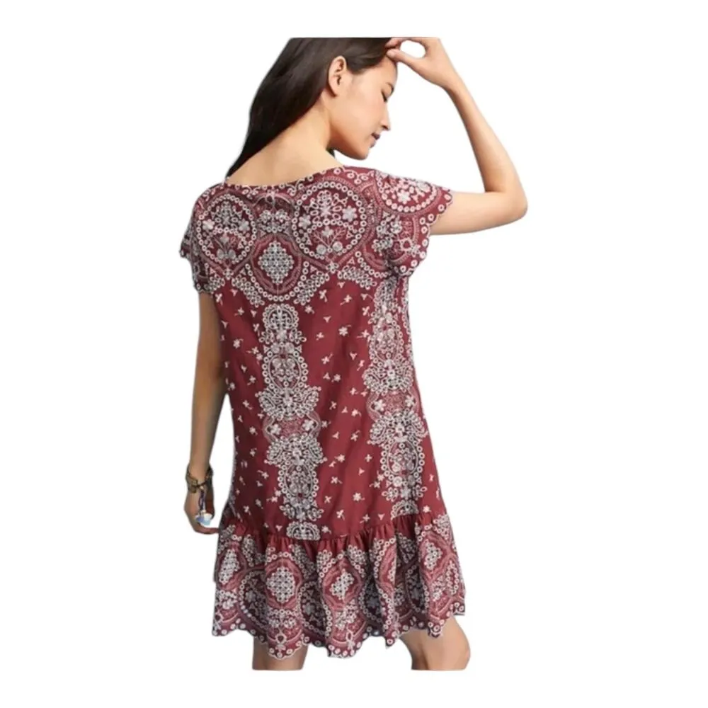 ANTHROPOLOGIE FEATHER BONE Ynez Maroon Dress Flounced Embroidered Eyelet Blue - Image 8
