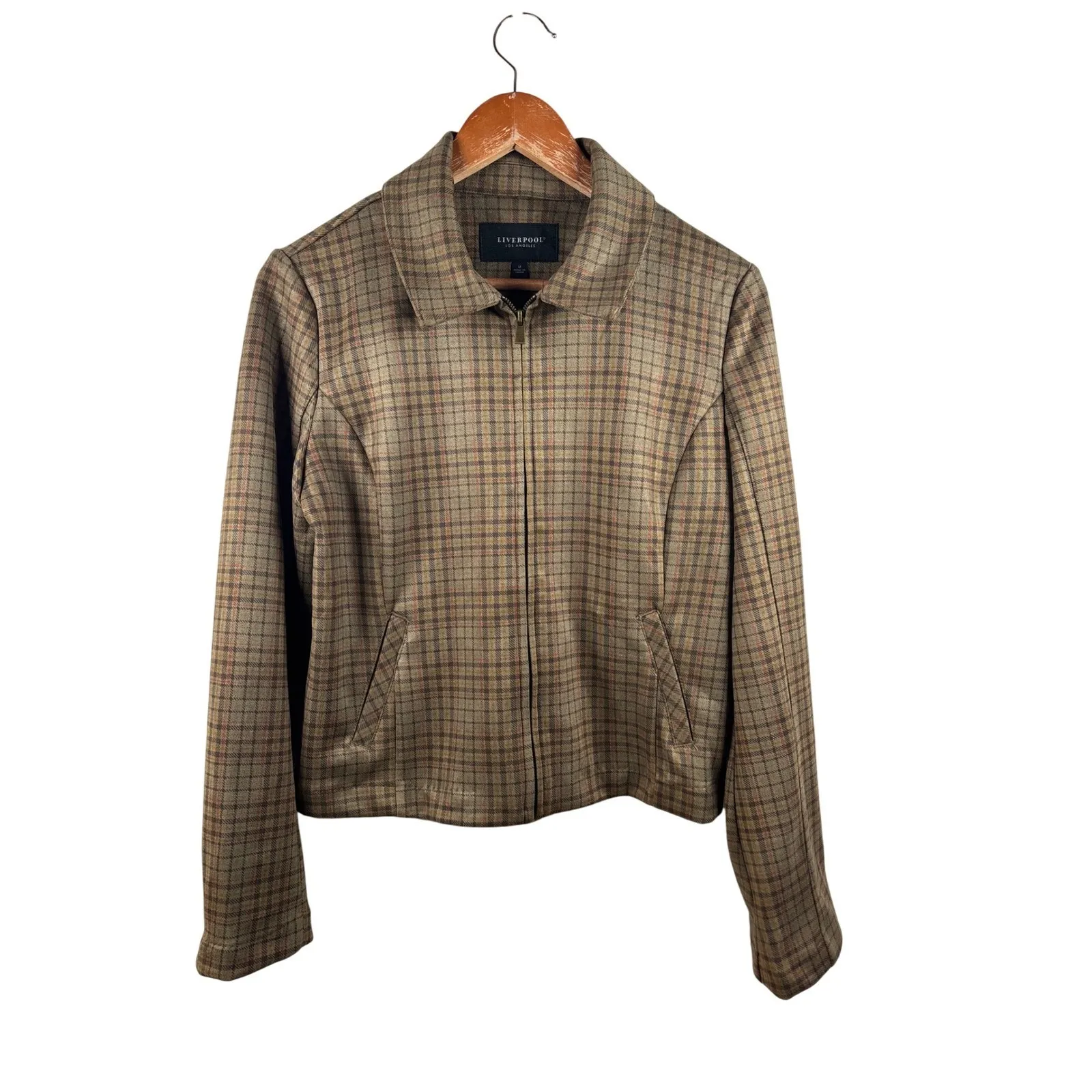 Liverpool Los Angeles M Full Zip Front Collared Jacket Plaid‎ Sage Grey NWT Brown Size M - Image 2