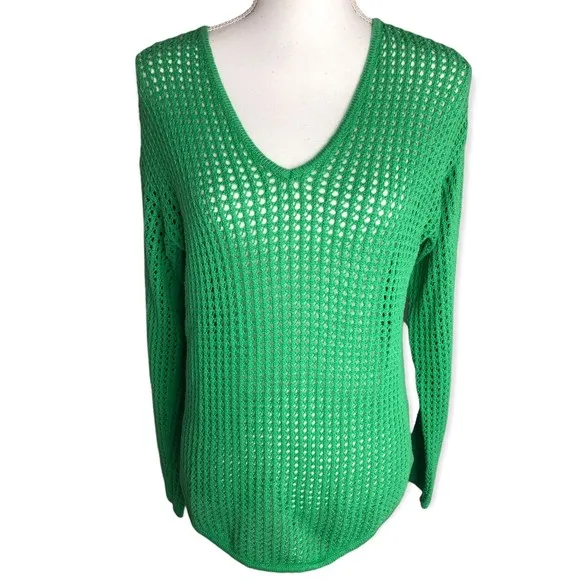 Jeanne Pierre V-Neck Techno Knit Cotton Fishnet Pullover Sweater - Image 18