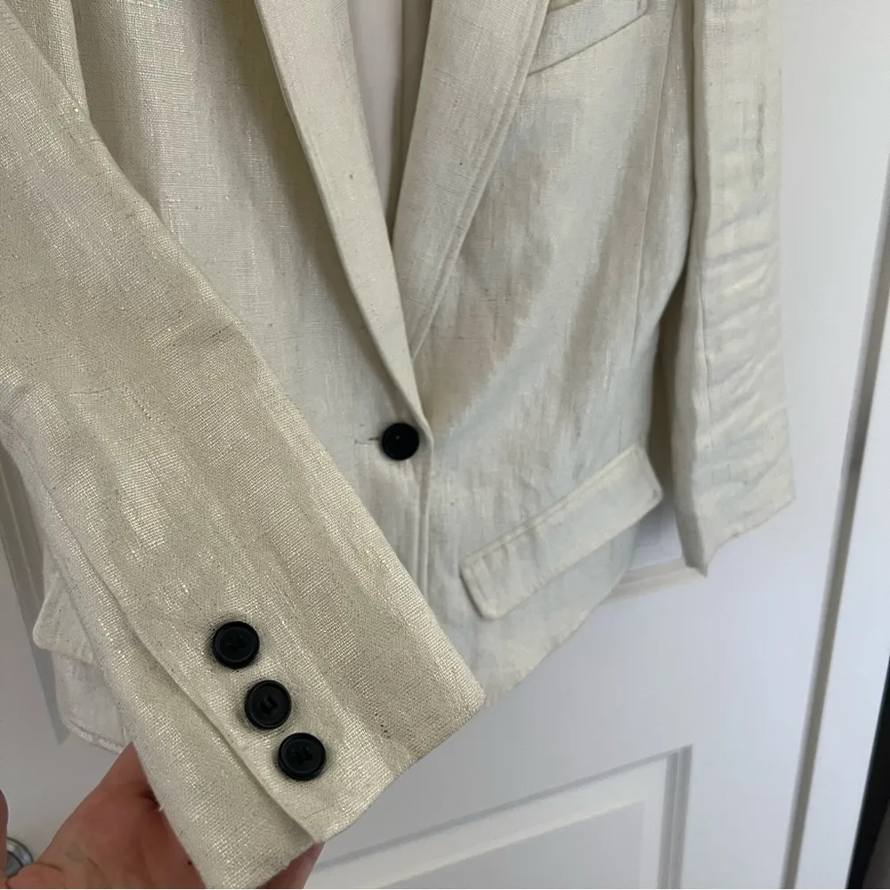 Smythe Metallic Linen Cream Blazer One Black Button | Size 2 - Image 6