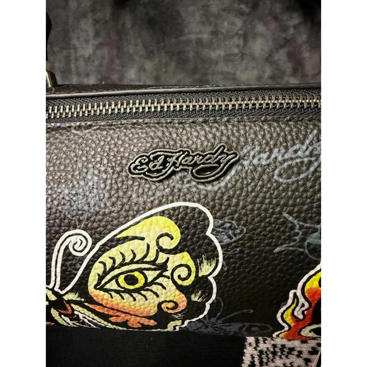 Ed Hardy Barrel Handbag Tattoo Butterfly Flaming Skull Bowling Bag Christian Aud - Image 6