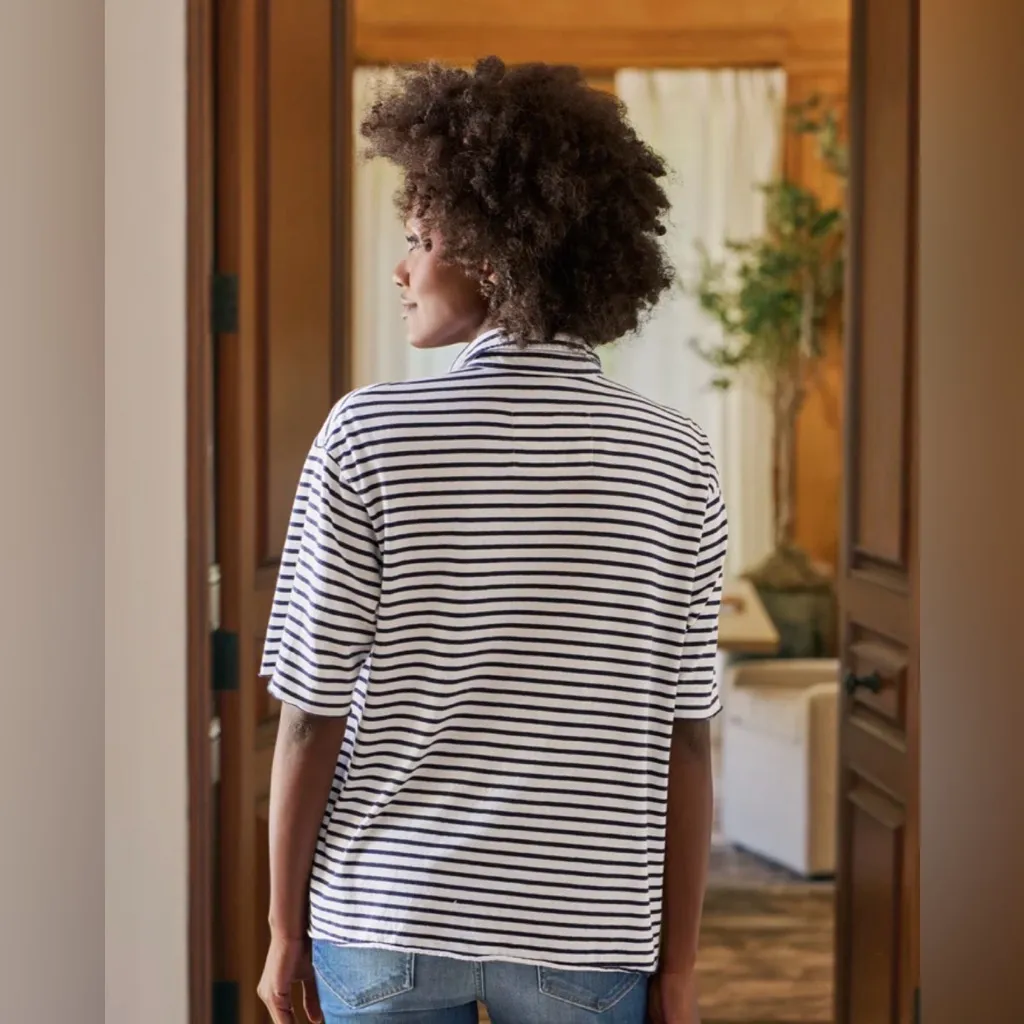 Frank & Eileen Patty Popover Henley Top Short Sleeve Shirt Striped Navy White - Image 2