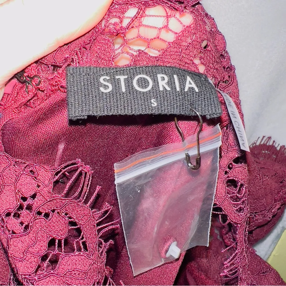 Storia Burgundy Wine High Neck Sleeveless Lace Mini Dress size small - Image 5