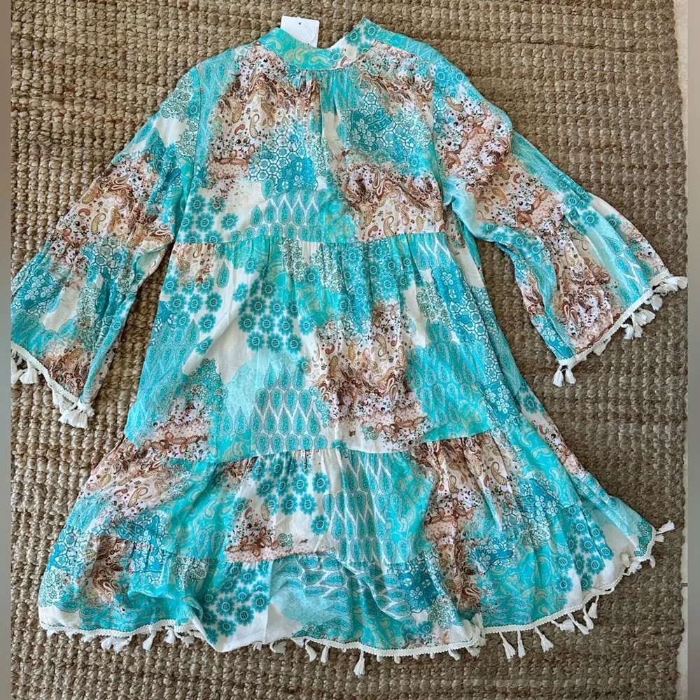 Noéline Bohemian Teal and Beige Beach Dress with Tassels NWT made in Italy Blue Size undefined - Image 5