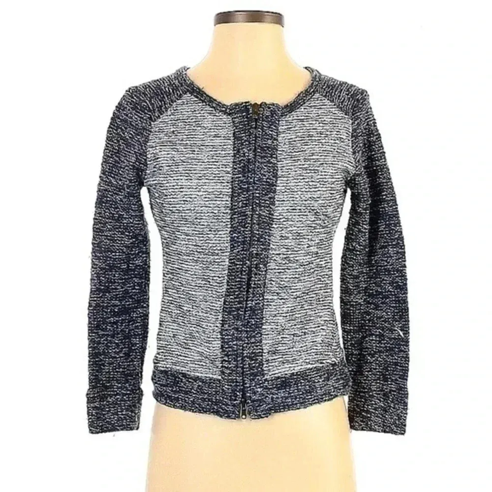 J. Crew Boucle Jacket Zip Cardigan Indigo Blue Grey Color Block  XS X-Small 0 2 - Image 2