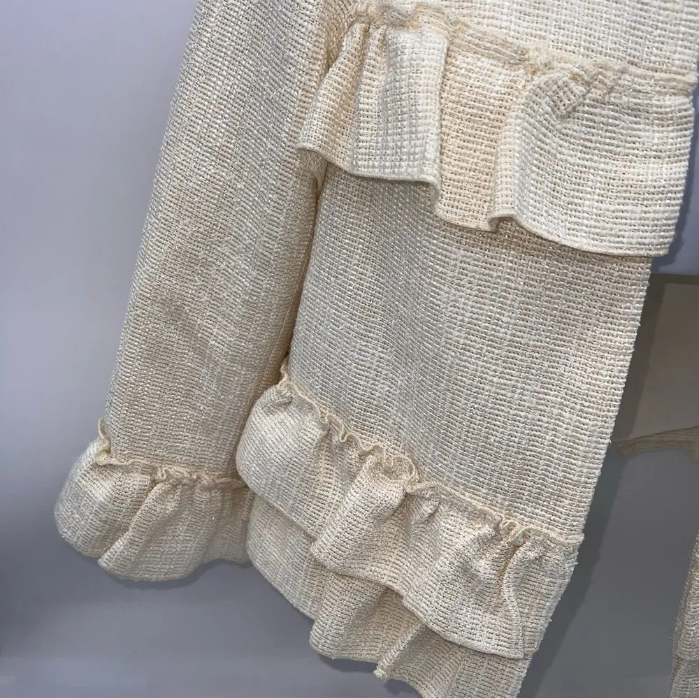 Nanette Lepore Loose Weave Cream Blazer w/Metallic Gold Threads Ruffle Accents 6 - Image 9