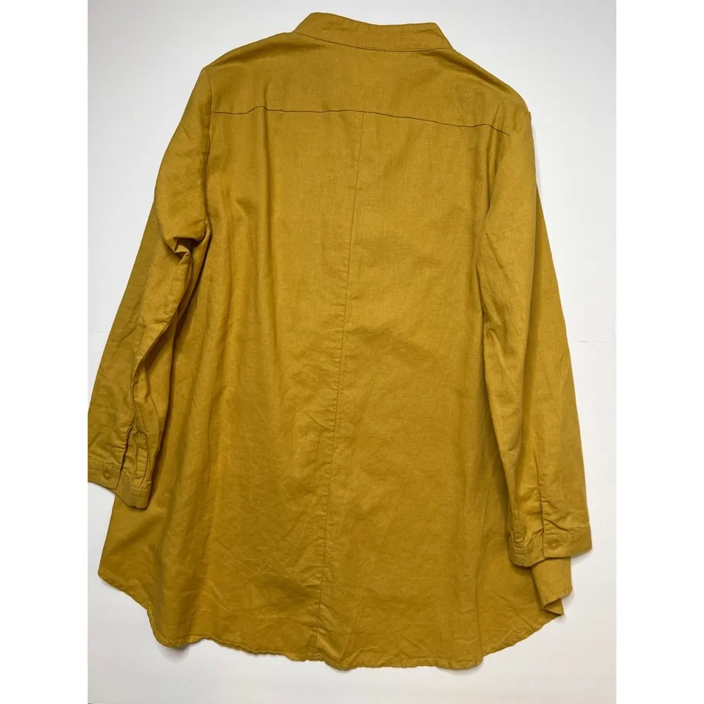 Embroidered Linen Blend Mustard Button Down Tunic Shirt Sz M Gold Size M - Image 3