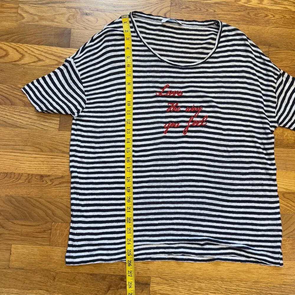 Gerard Darel Womens 2 Black White Striped Red Print Linen Short Sleeve T - Image 6