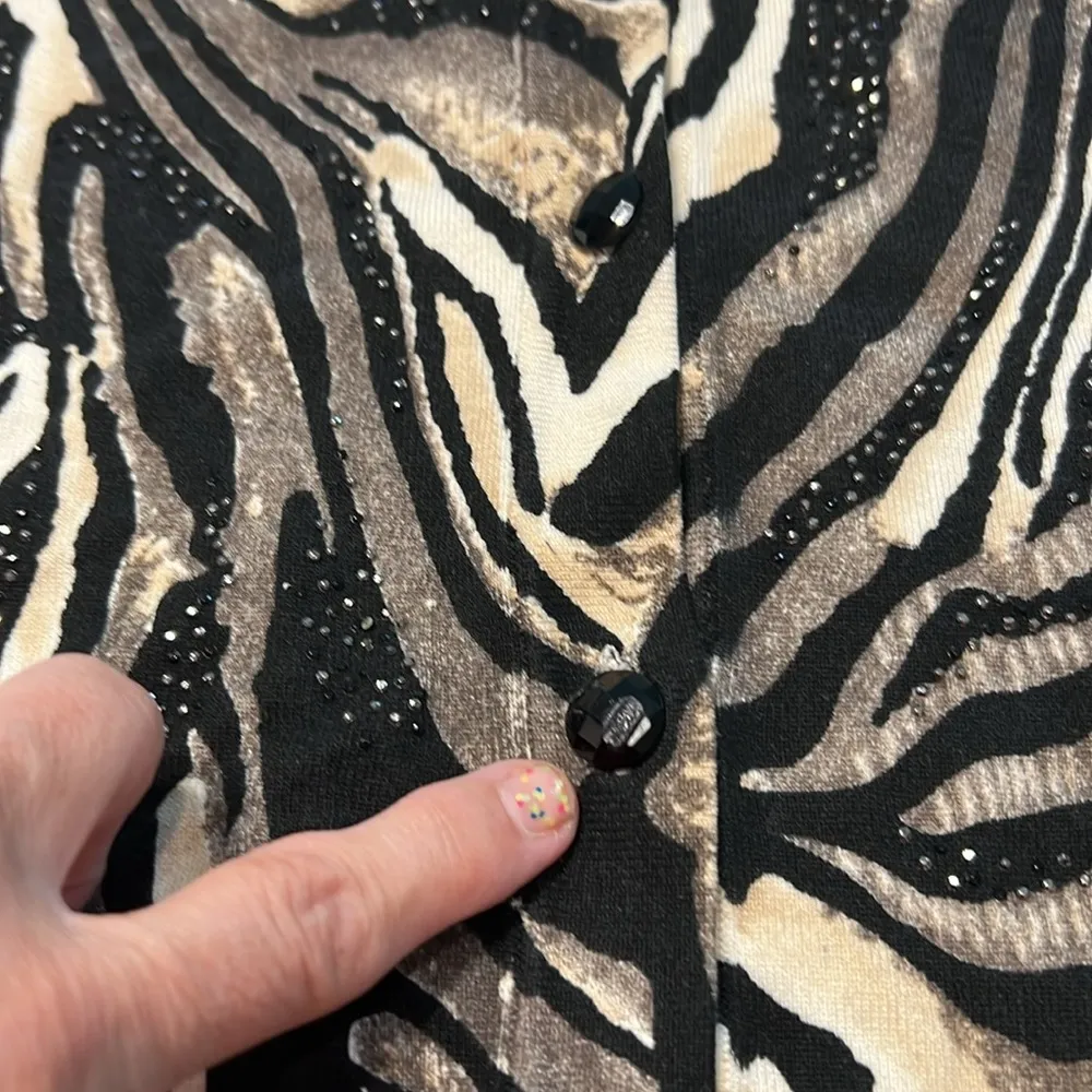 Chicos Cardigan Womens Black Brown Zebra Button Up Rhinestones V Neck Size 3 - Image 2