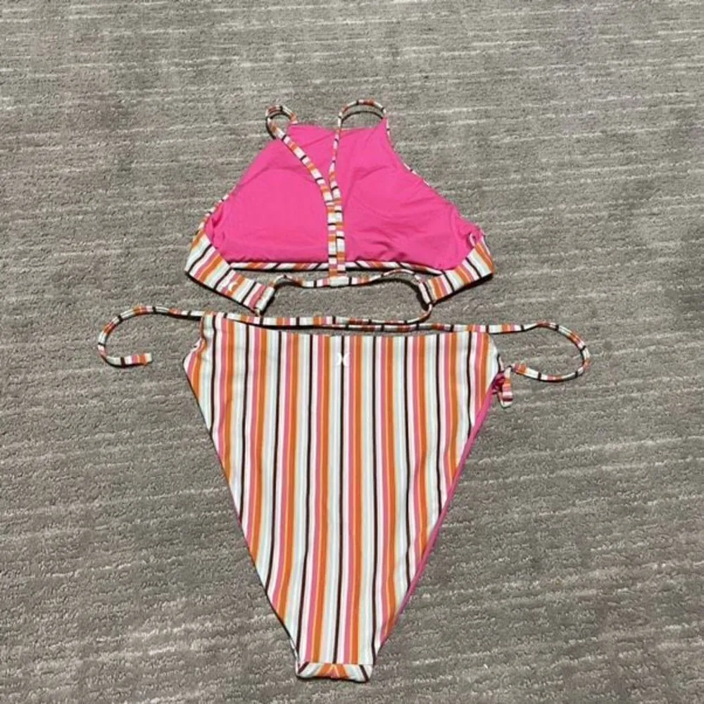 Hurley Pink Orange Sunset Stripe High Neck Bikini Set, XS NWOT - Image 4