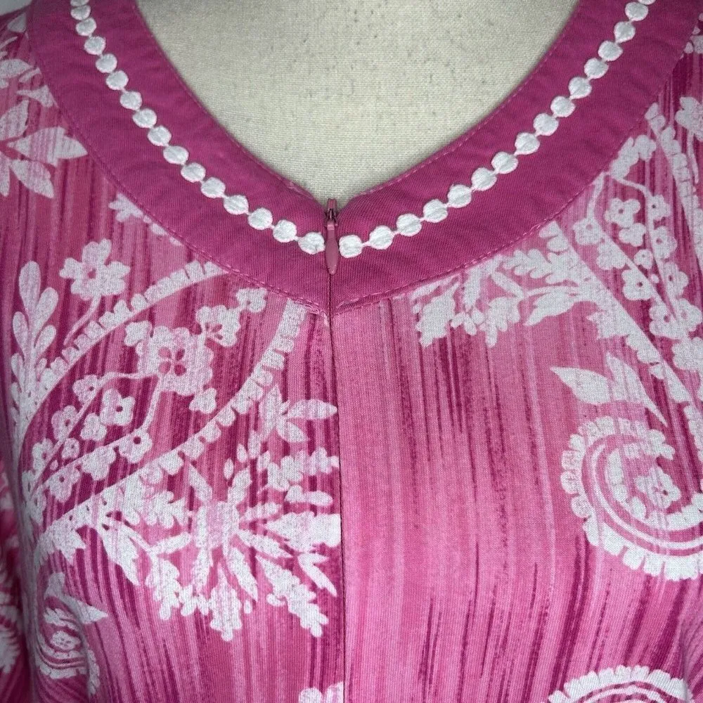 Carole Hochman Long Dressing Gown Housecoat 1/2 Zip Pink Floral Cotton Sz Small - Image 3