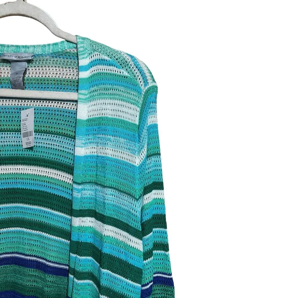 Catherines Cardigan Womens 1X Multicolor Stripe Knitted Open Duster Sweater NEW - Image 3
