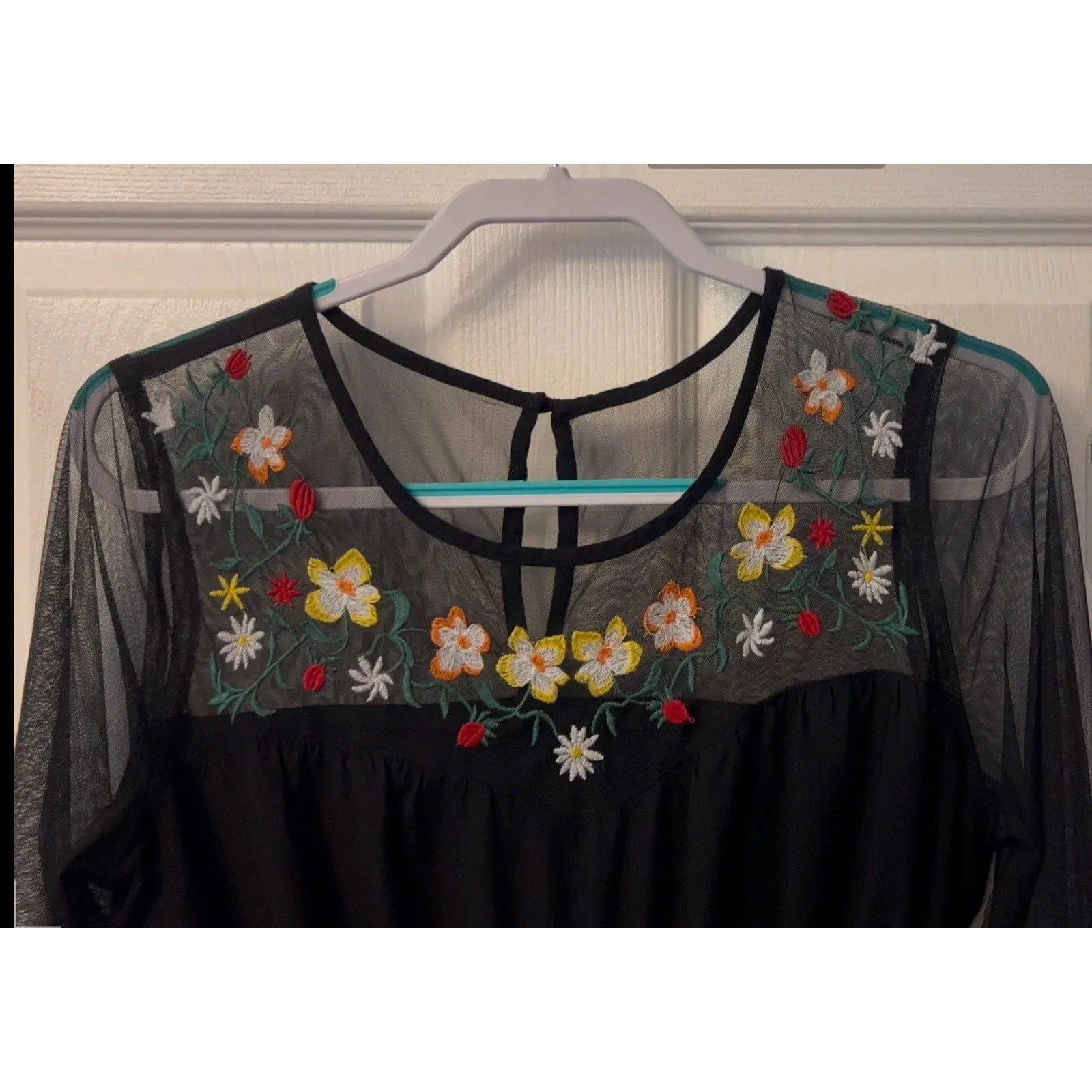 Mini Dress BLK Embroidered Sheer Sleeves/Elastic Waist True Destiny No Size Boho - Image 2