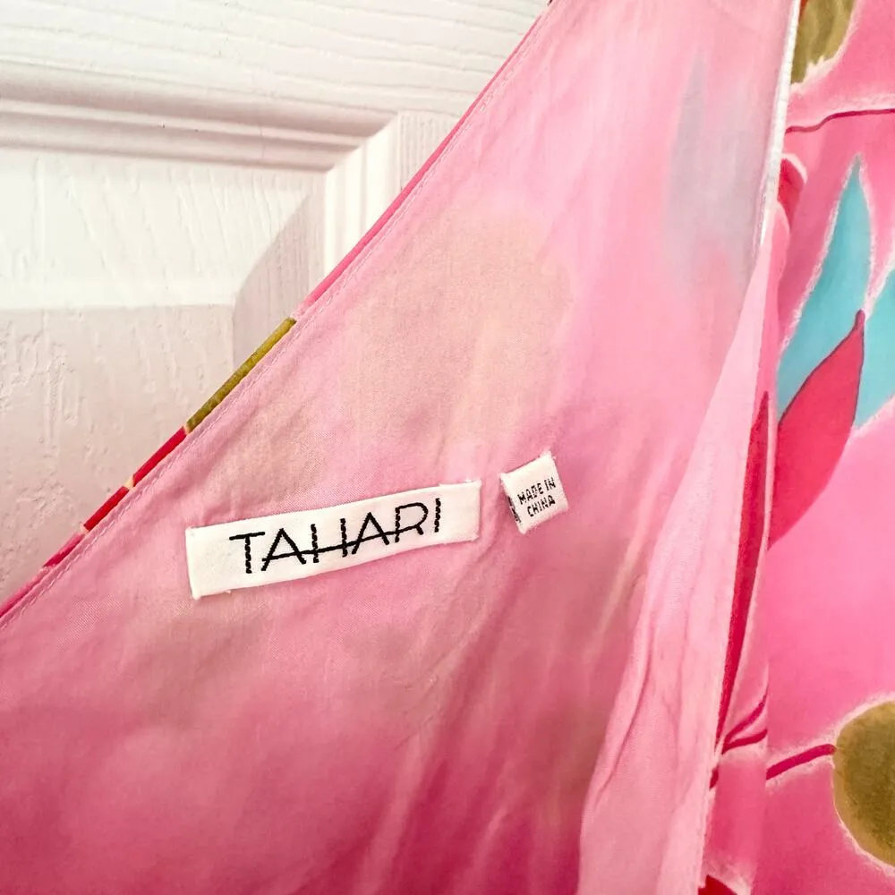 Tahari Bright Pink Floral Silk V Shift Dress Ruffle Trim Vintage Y2K Girly 8 - Image 4