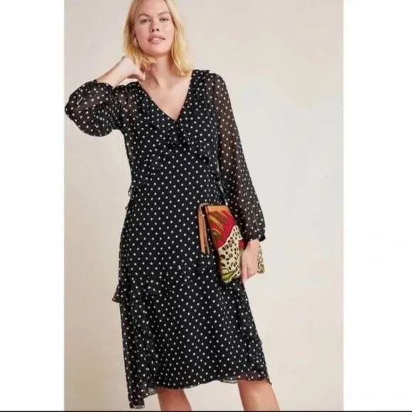 Maeve by Anthropologie Sheer PolkaDot Ruffle Midi Dress Womens Small Black/White - Image 3