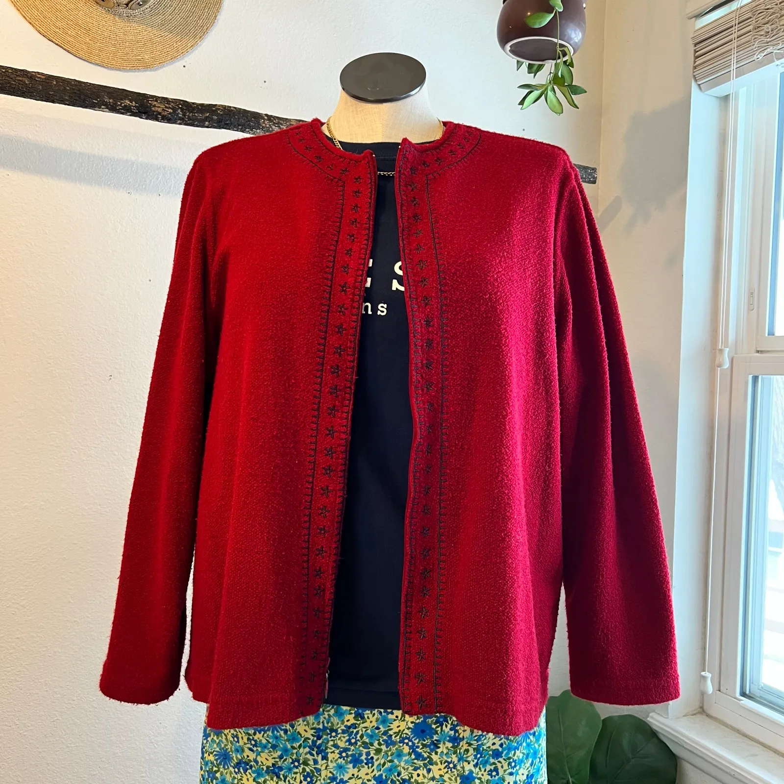 Vintage 90s Soft Red Zip Up Floral Embroidered Cardigan Sweater Size XL - Image 11