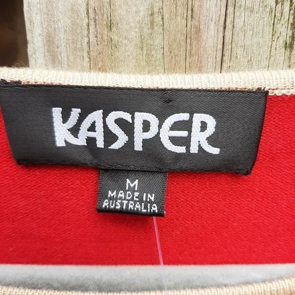 Kasper Stretchy Crop Sweater Knitted Top Red with Tan Accent 3/4 Sleeve Size M - Image 2