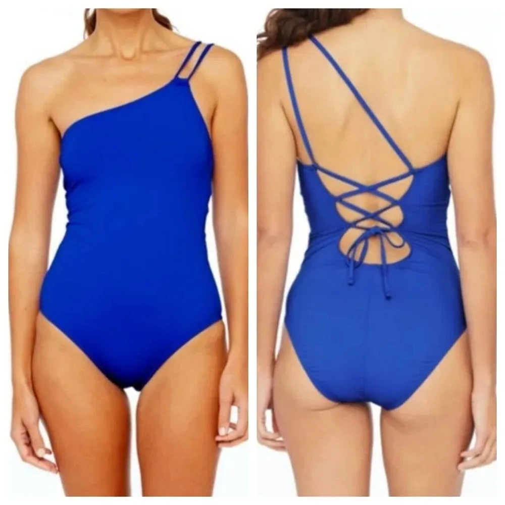 La Blanca 8 Island Goddess Lace Back One Shoulder One Piece Swimsuit Blue - Image 4