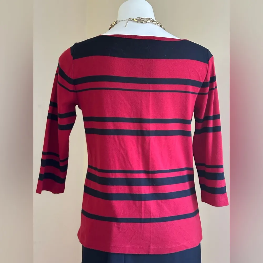 Chaps Classic Red & Black 3/4th Sleeves Blouse Square Neck 100% Cotton Sz M - Image 6