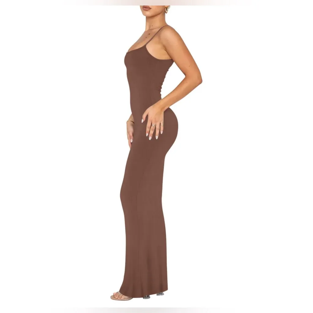 NWT REORIA Ribbed Bodycon Maxi Dress Brown Sleeveless Lounge Slip Dress XS - Image 3
