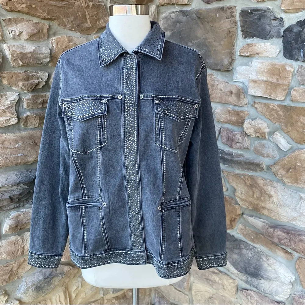 DG2 By Diane Gilman Gray Embellished Denim Jacket - Image 2