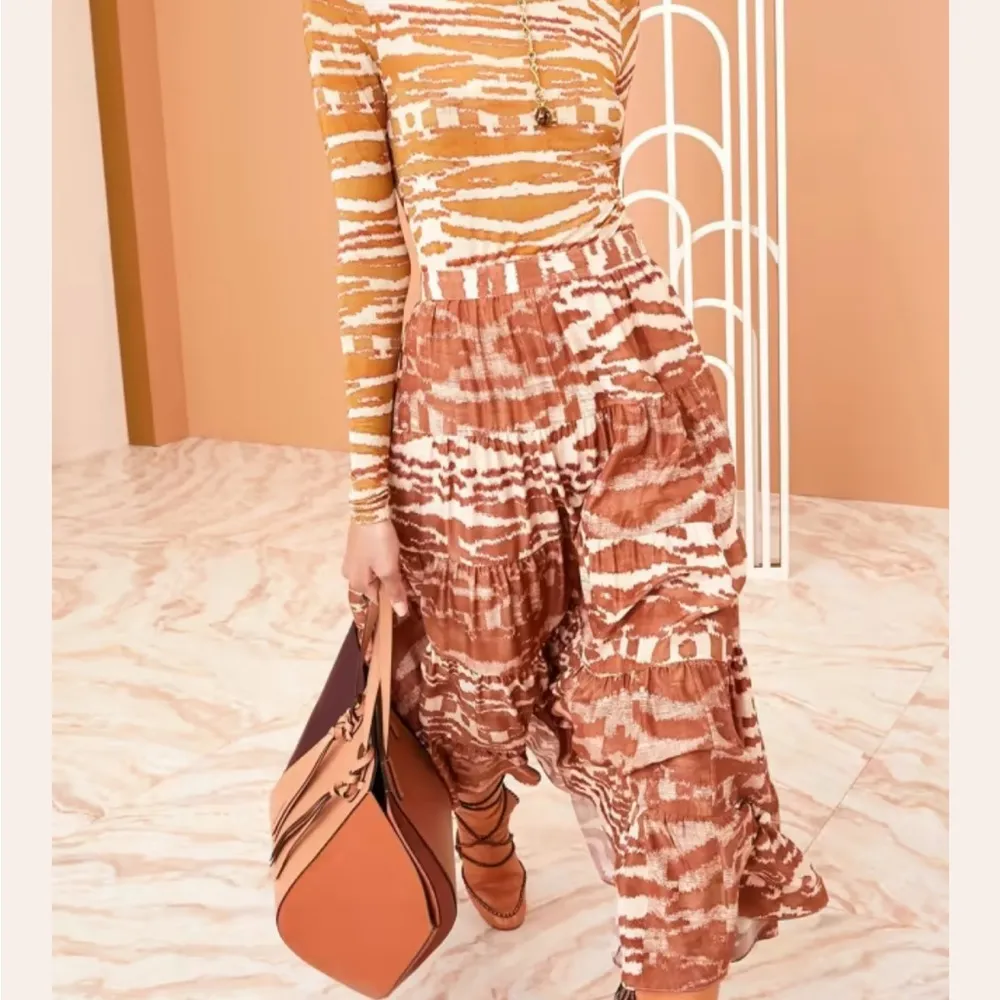 Ulla Johnson Aisa Silk Taffeta Tiered Midi Skirt Fawn Size 2 Ikat Animal Print‎ - Image 4