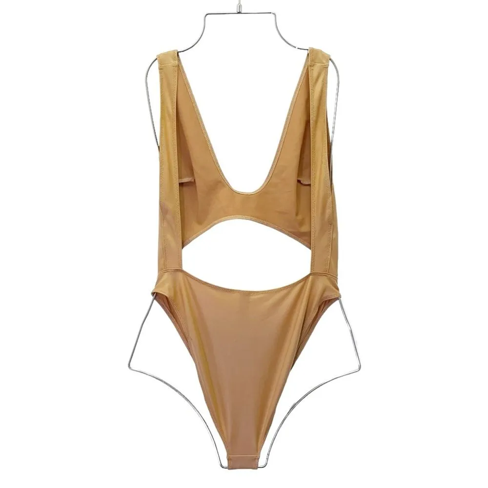 Skims Wet Jersey Cutout Bodysuit One Piece in Ochre Tan Women’s Size Small - Image 3
