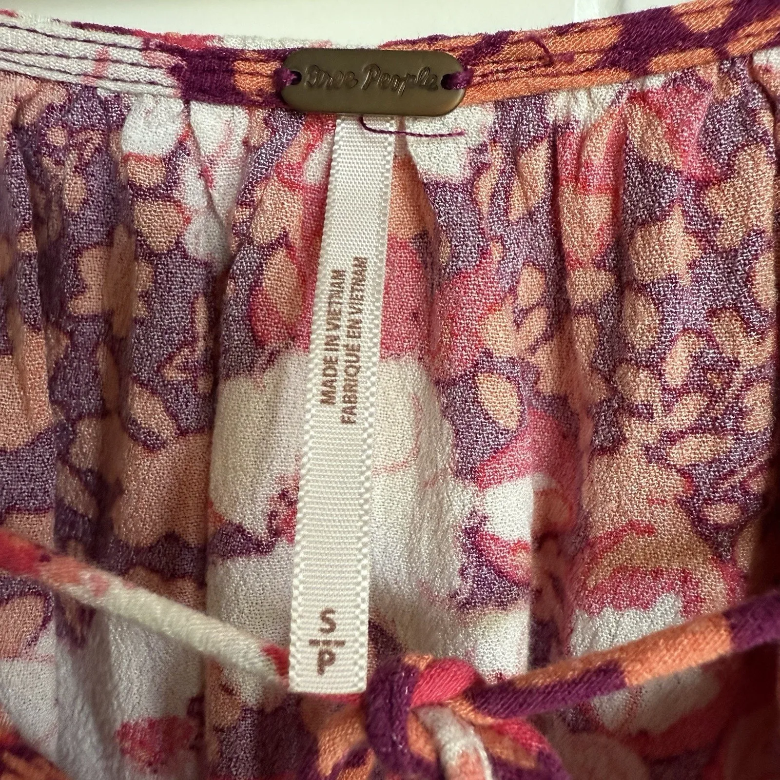 Free People‎ Womens Blouse Size S Sweet Memories 3/4 Sleeve Orange & Pink Floral - Image 8