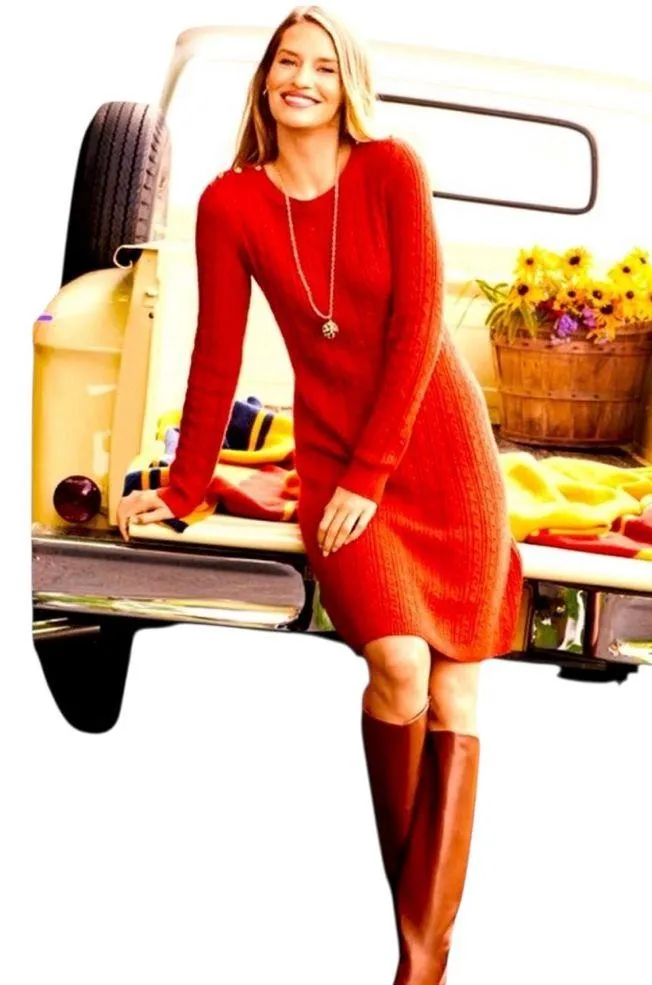 Talbots Women’s Burnt Orange Cable Knit Sweater Dress Button Shoulder Sz S EUC - Image 2