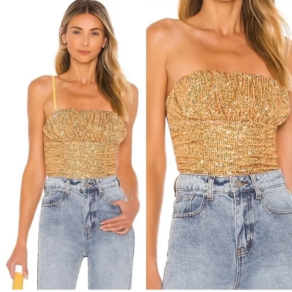 NWOT Free People Gold Ta Da Sequin Embellished Crop Top Detachable Straps XSMALL - Image 2