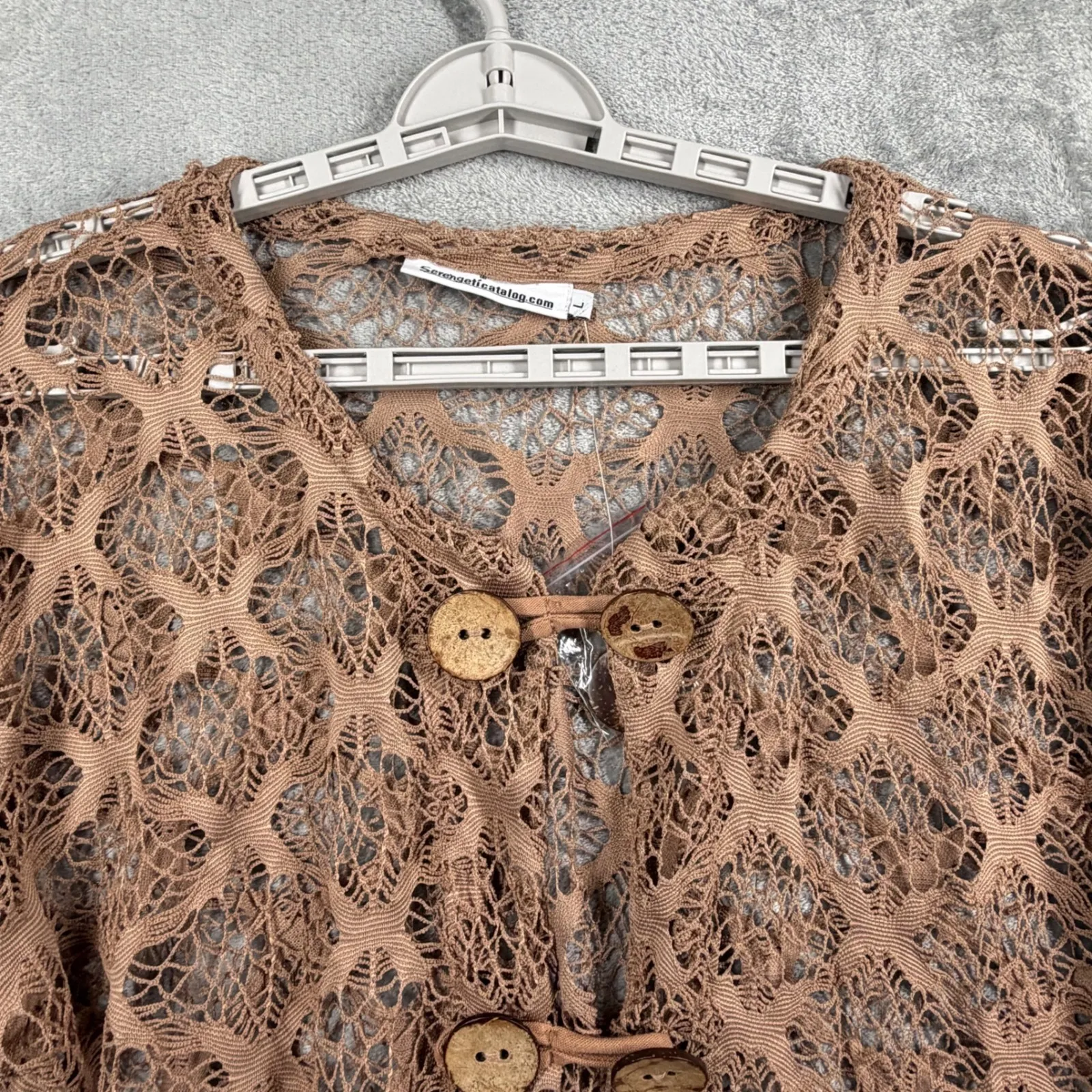 Serengetí L Cardigan Knit Crochet Cover Up Beige Macrame Coconut Button Top Brown Size L - Image 4