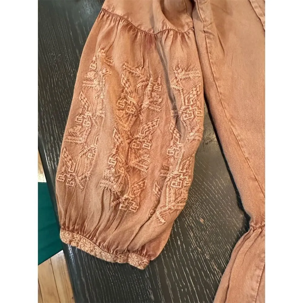 Solitaire Women's Boho A-Line Dress Tan/Pink Long Sleeve V-Neck Size S - Image 5