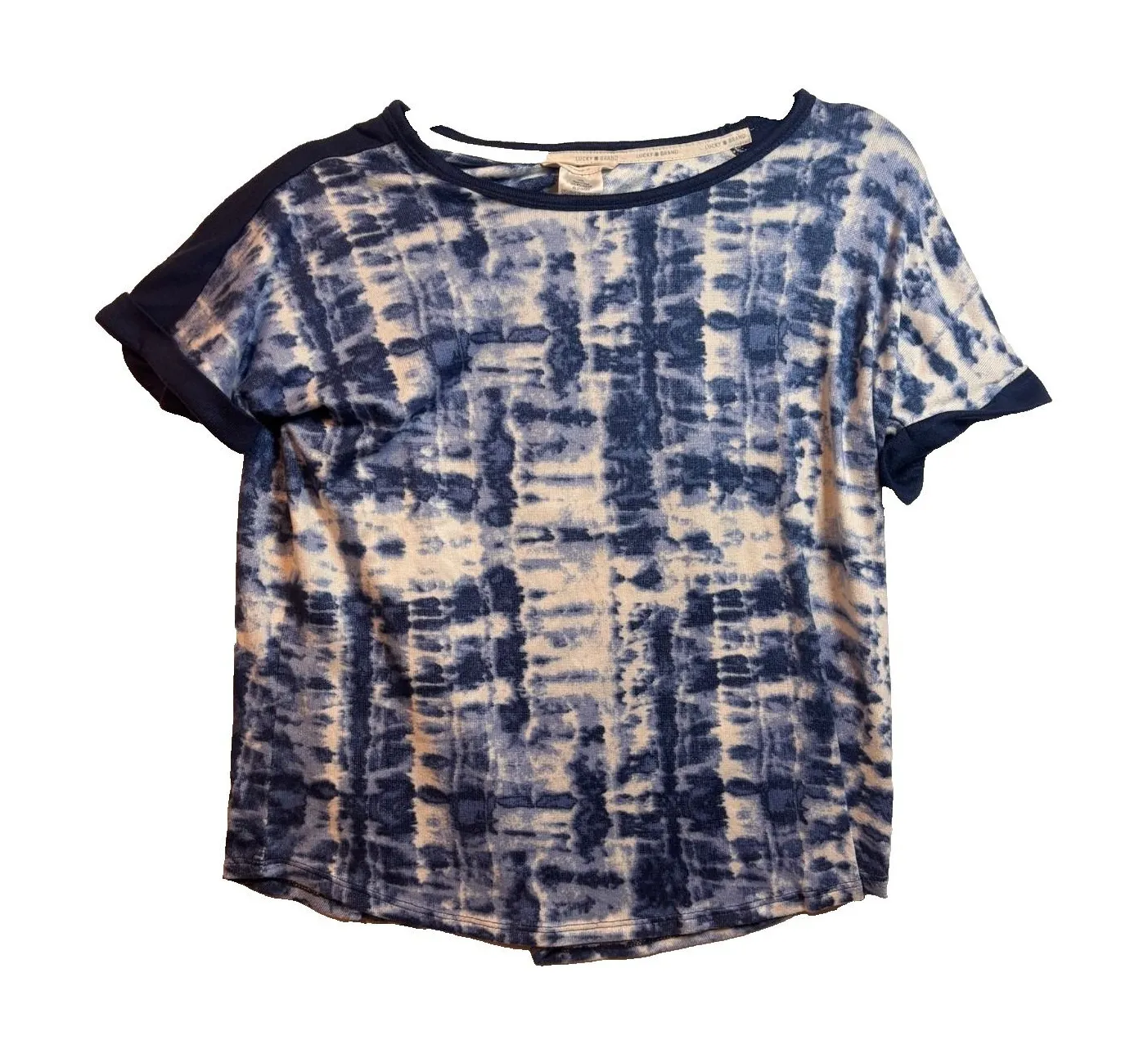 Lucky Brand T Shirt Top Womens Sz M Blue White Tie Dye Knit Cap Sleeve Pullover - Image 1