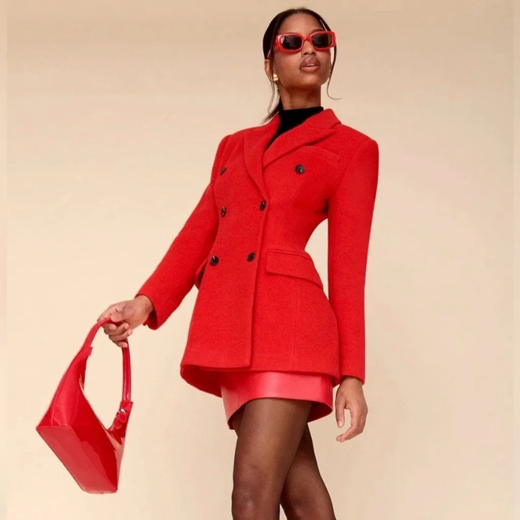 Avec Les Filles Hourglass Blazer Small Red Double Breasted Wool Holiday Chic - Image 5