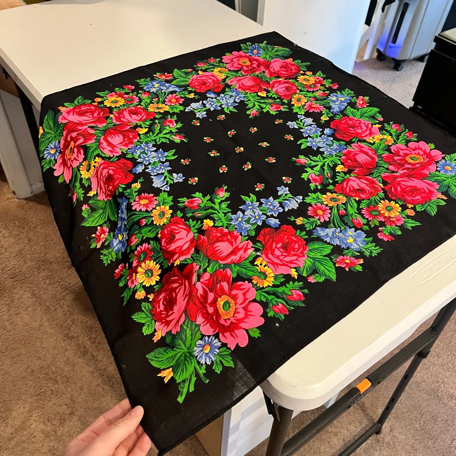 Vintage Black Soft Woven Bandana Neck Tie Scarf Wrap Bright Floral Print - Image 4