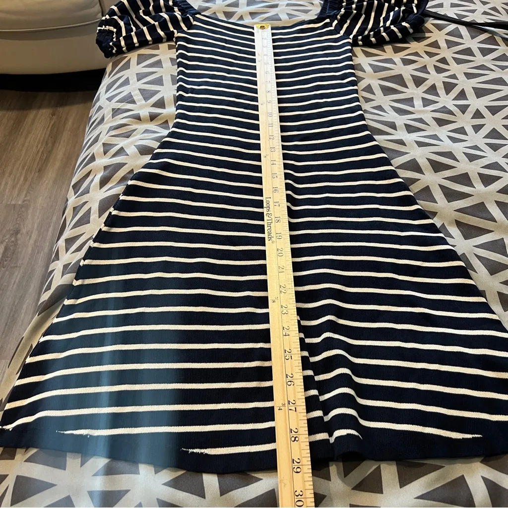 Zara Navy & White Striped Stretch Knit Puff Sleeve Fit & Flare Mini Dress Size M - Image 11