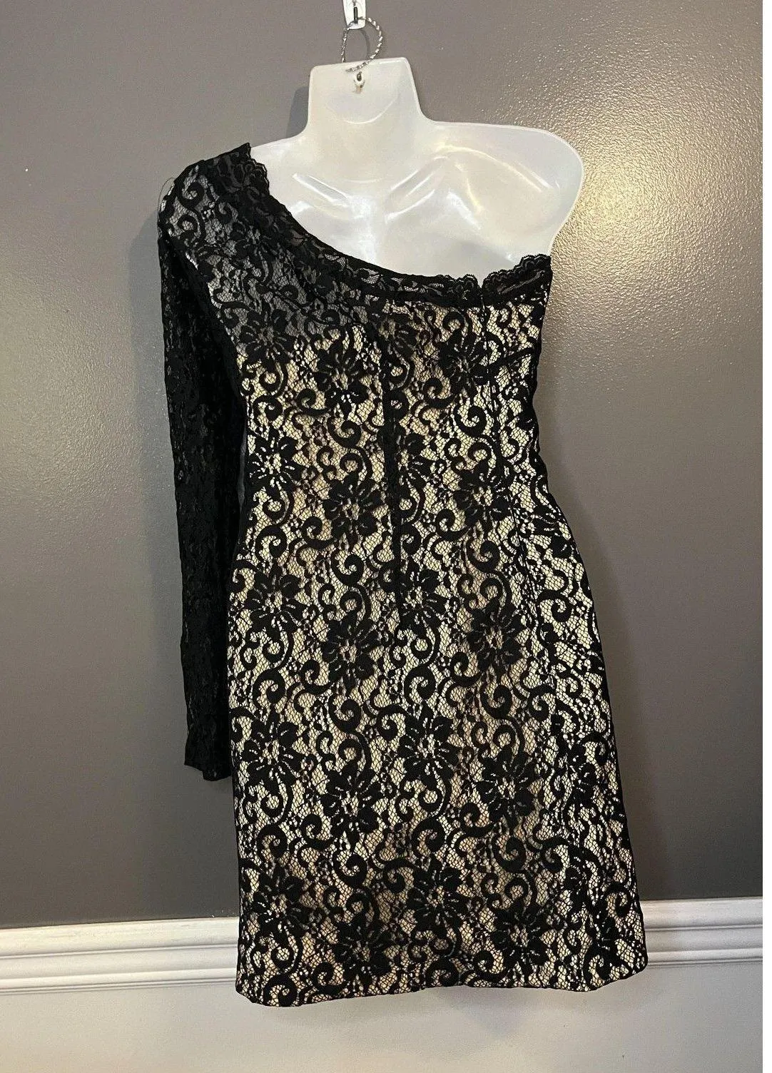 Alexia Admor Dress Womens XS Black Nude One Shoulder Lace One Sleeve Mini USA - Image 9