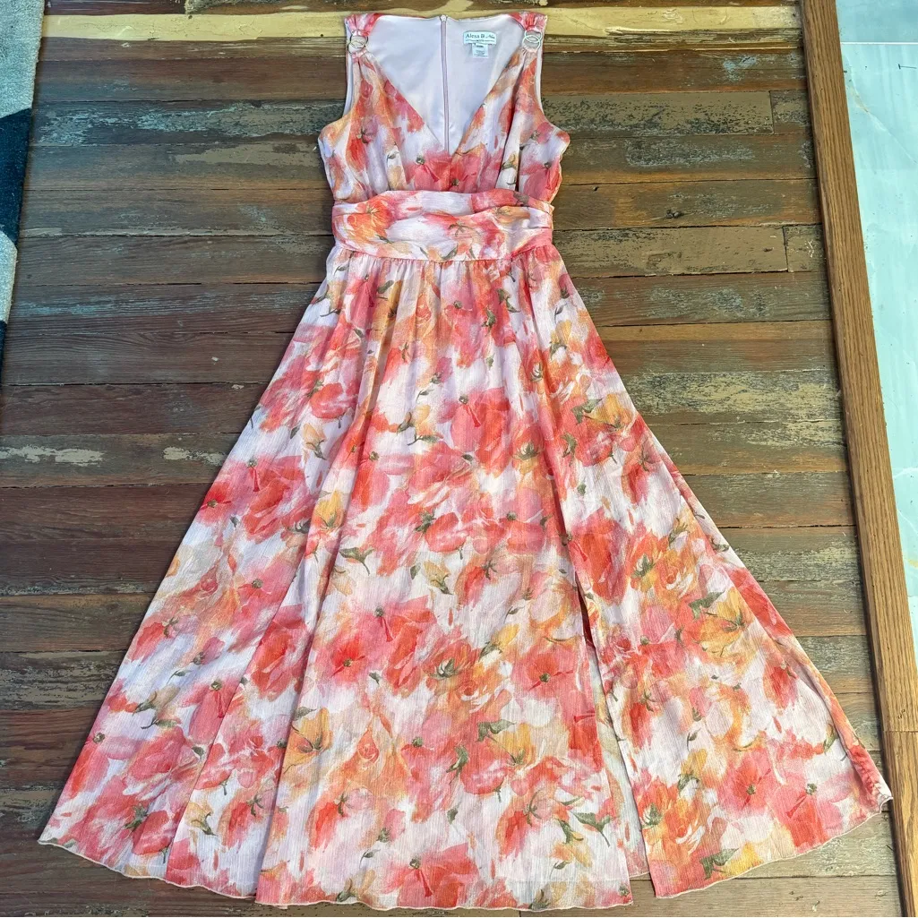 Alexa B Nites Summer Floral Shimmery Coral Lightweight Maxi Dress ~ Size 6P 💚🍄 Orange - Image 5