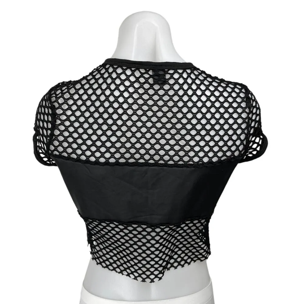 Shein Women's Black Cut Out Front Fishnet Mesh Short Sleeve Crop Blouse Top Sz L - Image 2