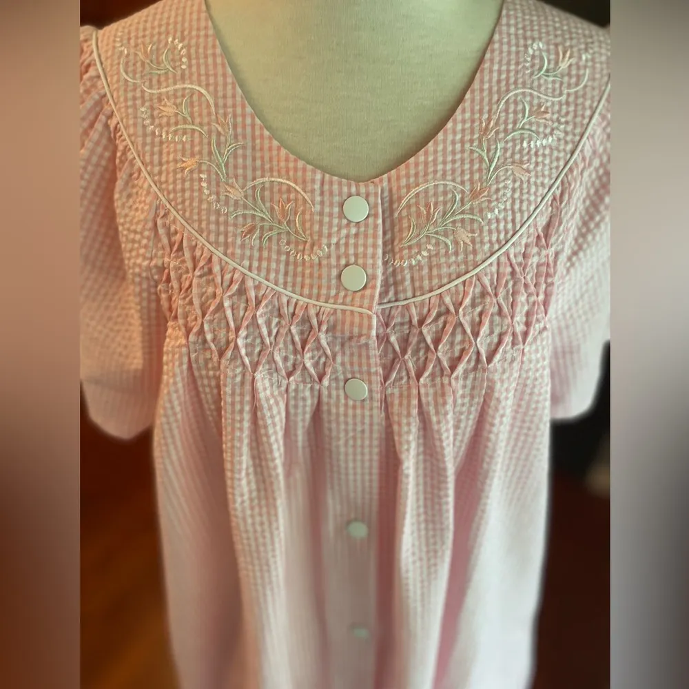 New Miss Elaine Seersucker Pink & White Gingham Snap Up Housecoat Dress - Image 5
