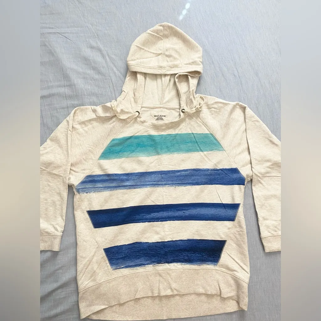 DKNY Jeans Womens Hoodie Cream Blue Striped 100% Cotton Pullover - Size Xl - Image 4