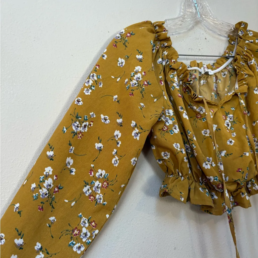Floral Mustard Yellow Cropped Peasant Top Long Sleeve Cottagecore M Romwe - Image 4