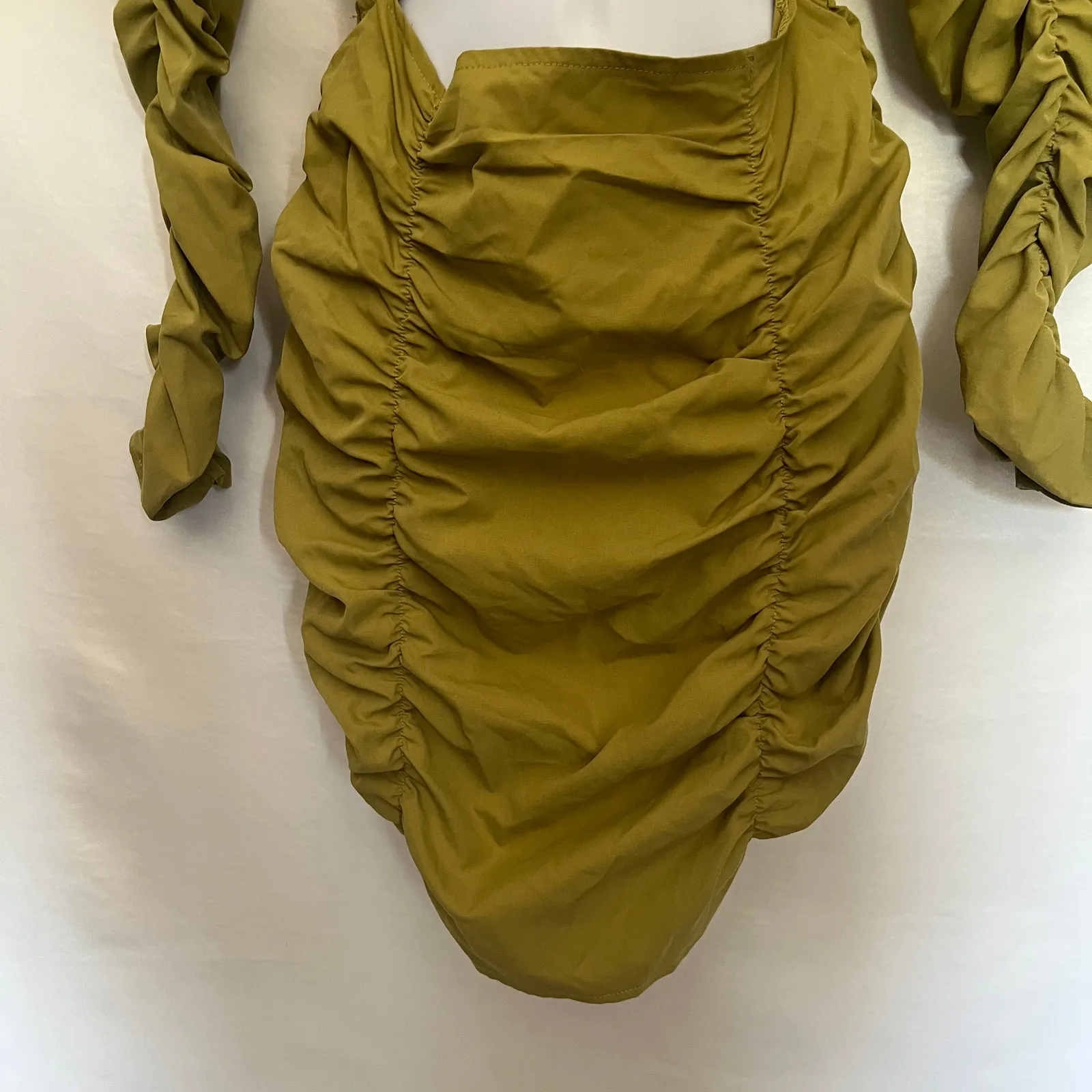 PrettyLittleThing Y2K Cut Out Bodycon Dress Sz 4 Clubwear Ruched Party Olive Green - Image 14