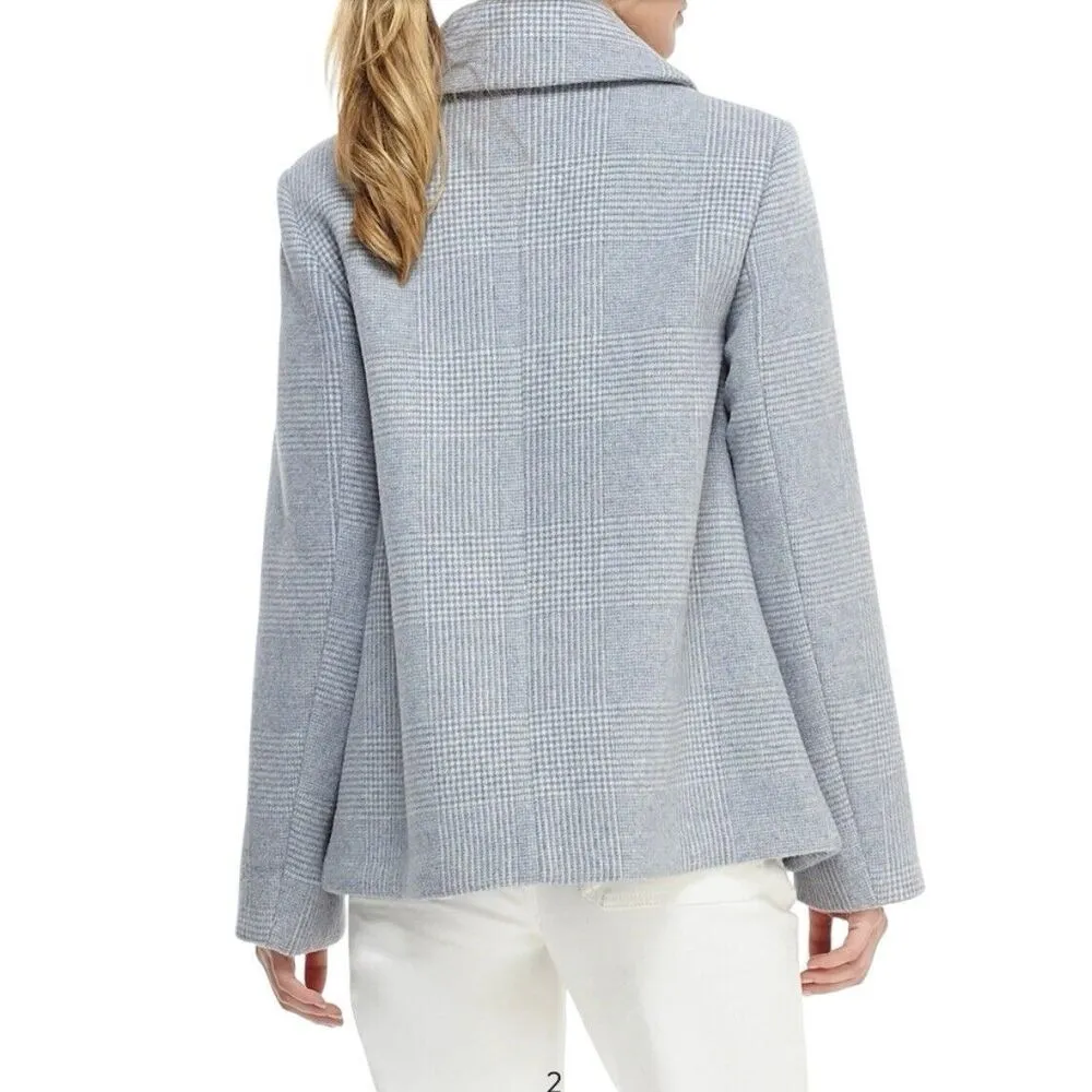 Gal Meets Glam Scalloped Houndstooth Check Pea Coat XL Wool Blend Blue White - Image 8