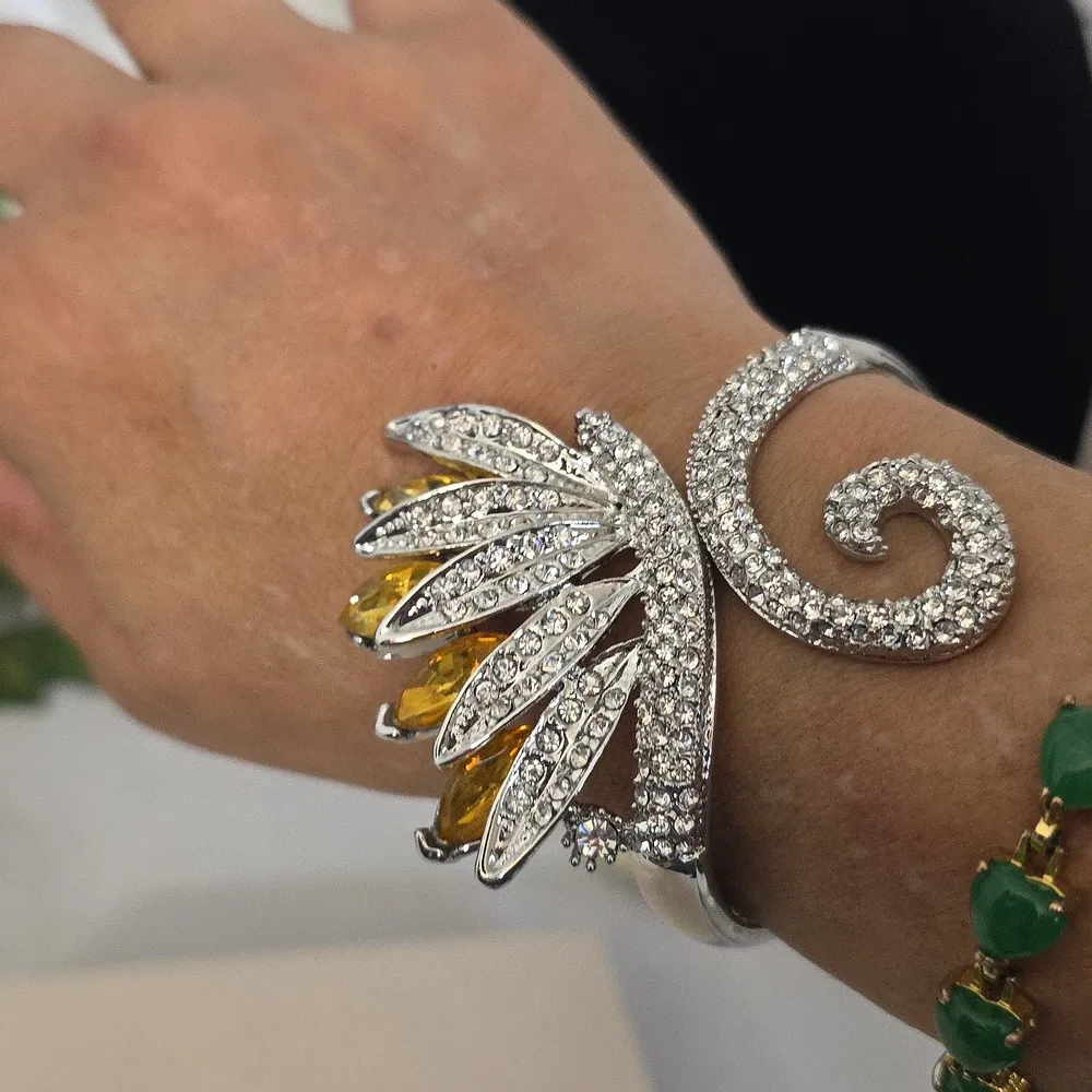 Bling! Vintage Silver CZ Statement Clamper Hinge Bracelet Yellow - Image 6