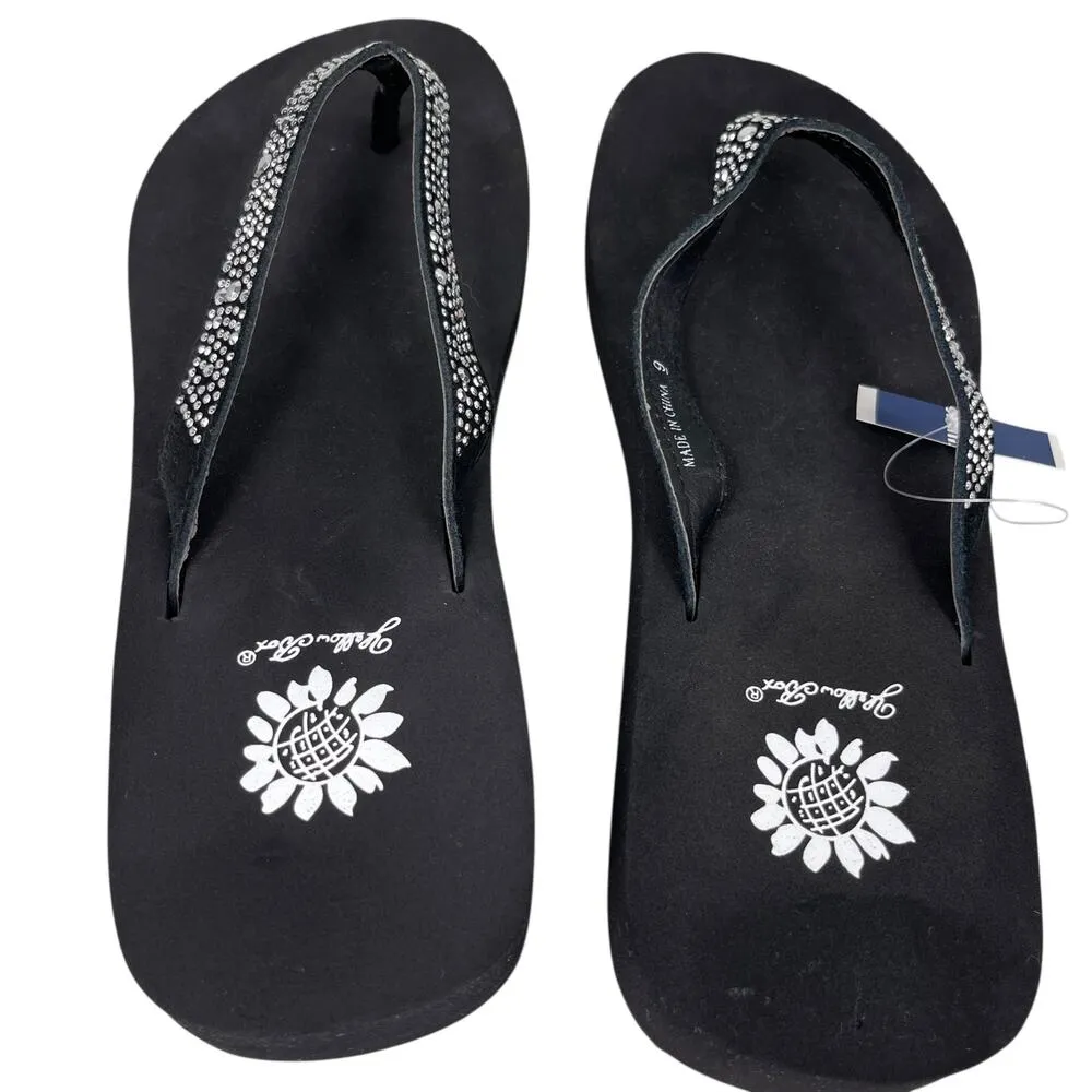 Yellow Box Rhinestone Flip Flop Sandal 9 Black Leather Upper New - Image 4