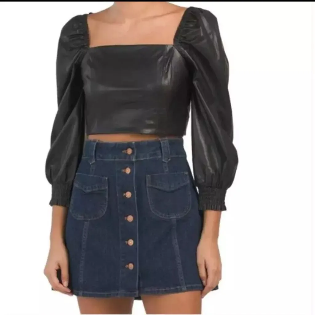 74AM Green Vegan Leather Blouson Sleeve Crop Women 7 for all mankind Top Size XS - Image 11