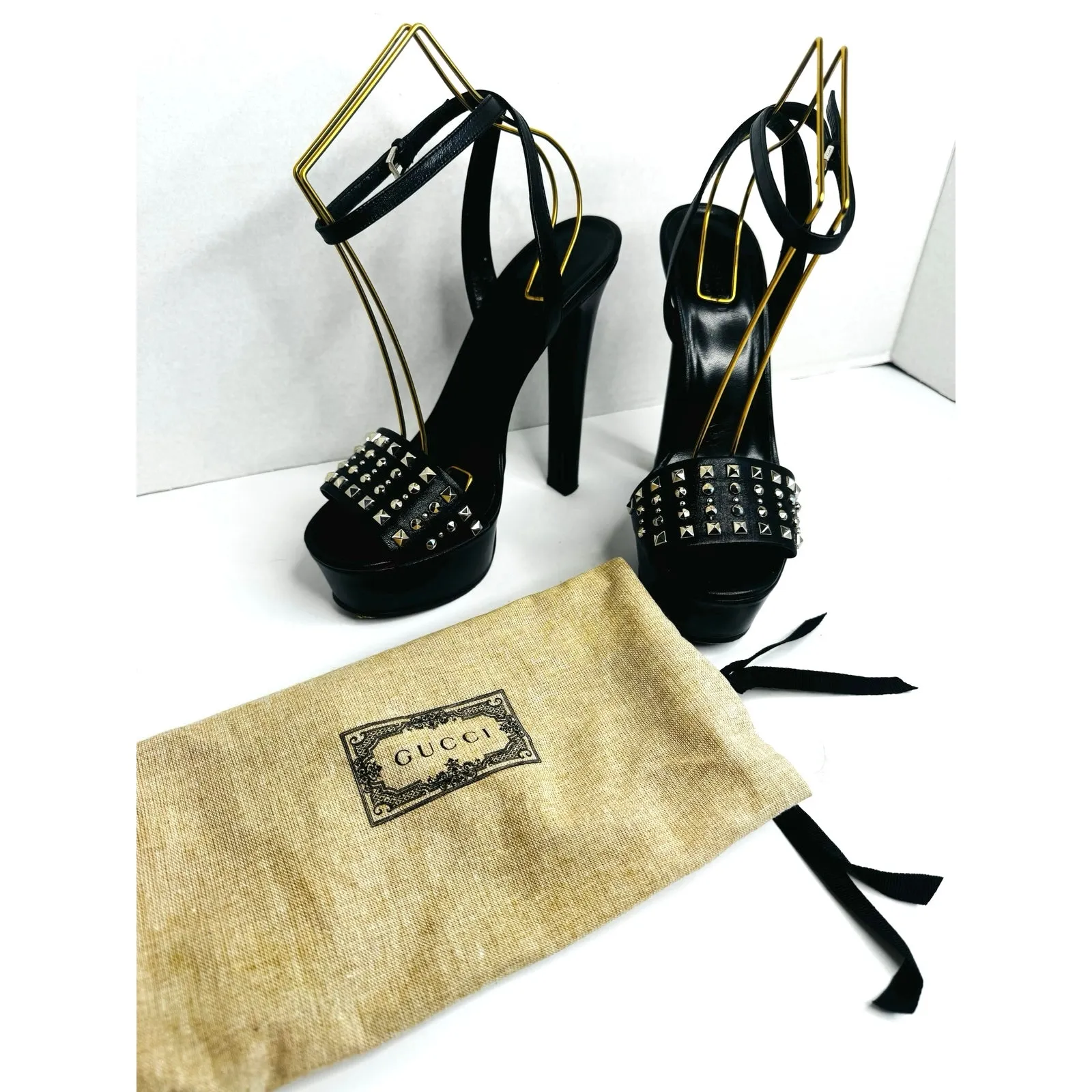 Gucci Black Studded Leila Platform Ankle Strap Heels size EU 38.5 Statement Pump - Image 3